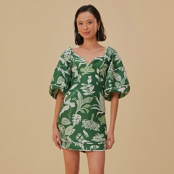 forest soul green short sleeve mini dress Farm Rio Women's Forest Soul Linen Mini Dress - Green - Size XS